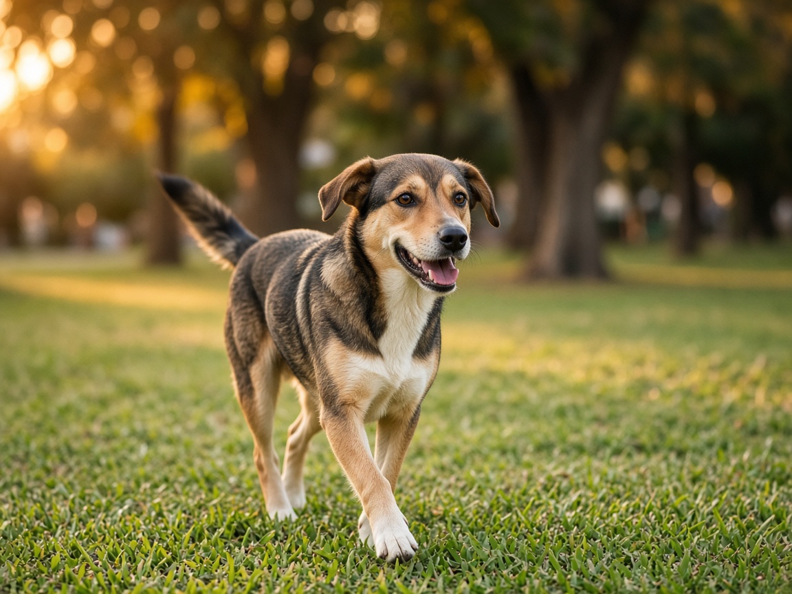 Happy medium-sized dog walking on green grass at golden hour