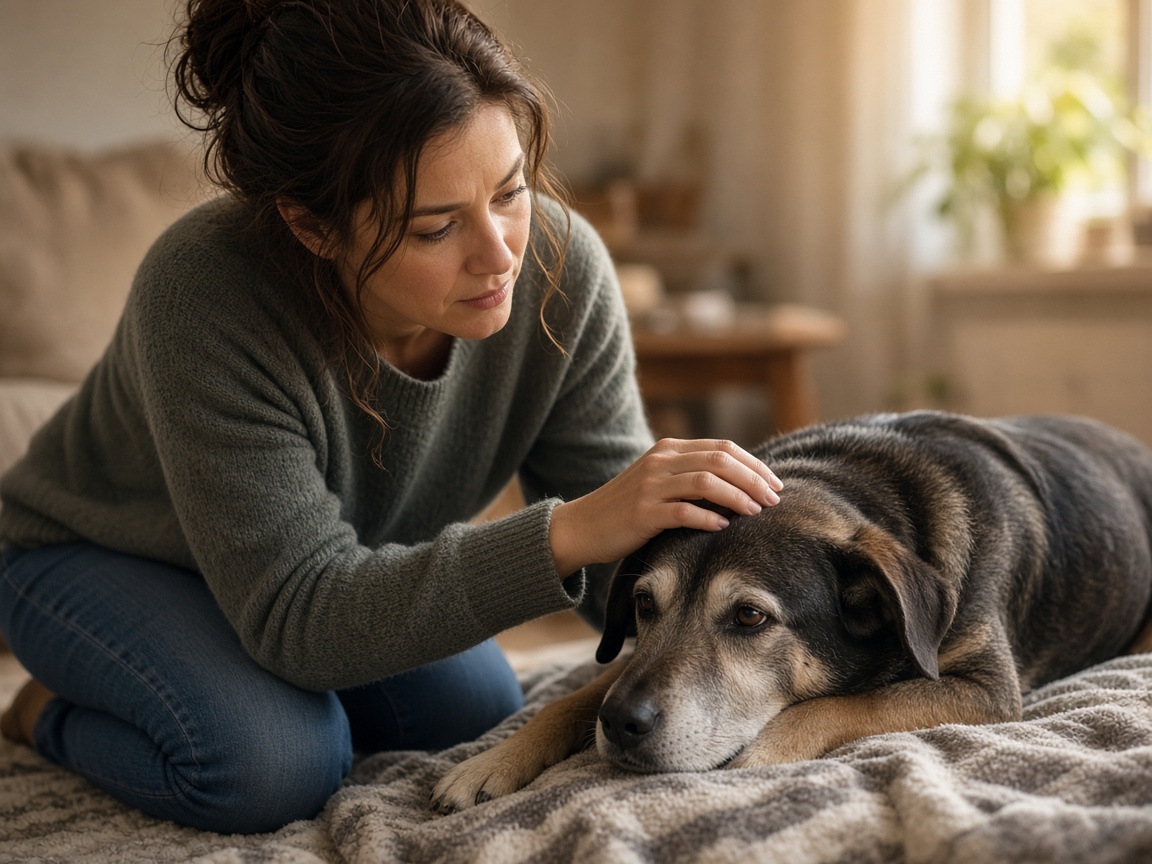 Owner gently checking on a calm dog resting on a blanket at home