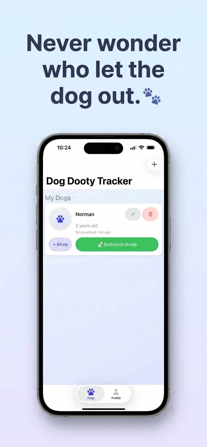Dog Dooty Tracker main screen showing your dogs